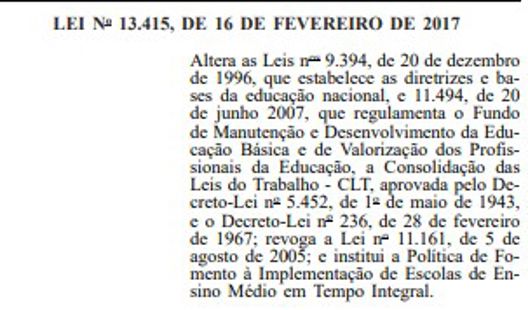 Lei do Novo Ensino Médio - Lei 13.415 de 2017 | CEDOC | Observatório de ...
