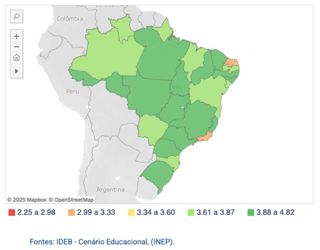 Mapa com as médias estaduais no Ideb 2023