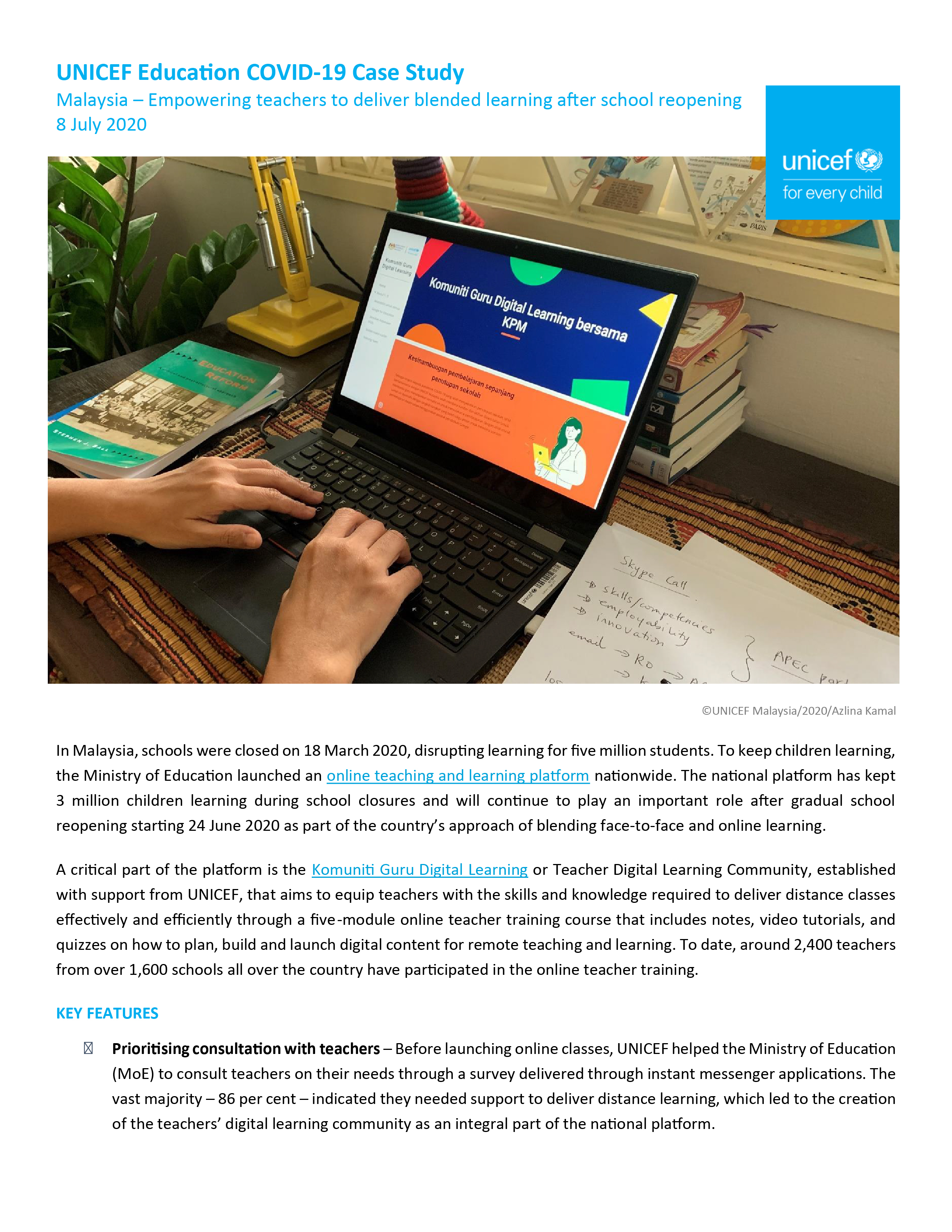 UNICEF Education COVID-19 Case Study: Empowering teachers to deliver blended learning after school reopening in Malaysia (July 2020)