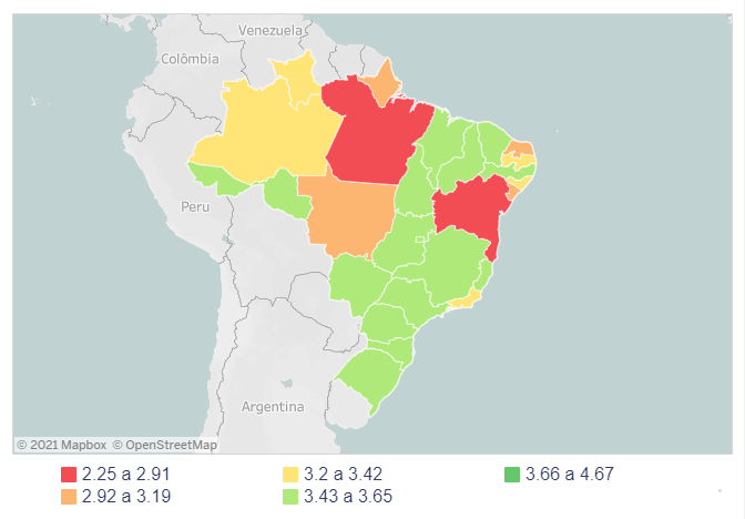 Mapa com as médias estaduais no Ideb 2019 Mapa com as médias estaduais no Ideb 2019